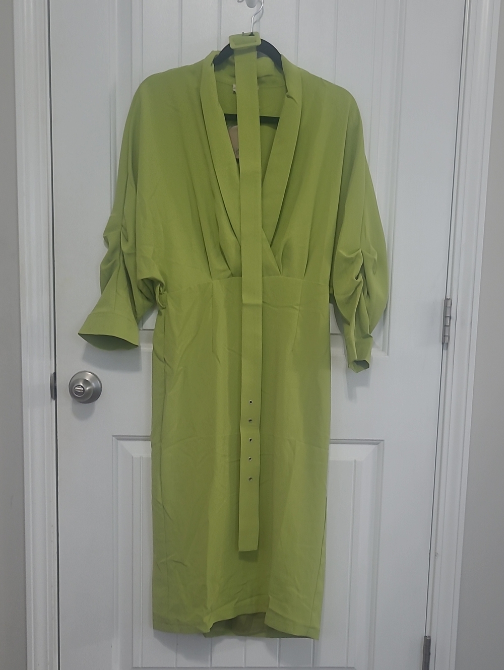 Tea n Cup Bright Lime Green Belted Midi Dress with Draped Neckline
